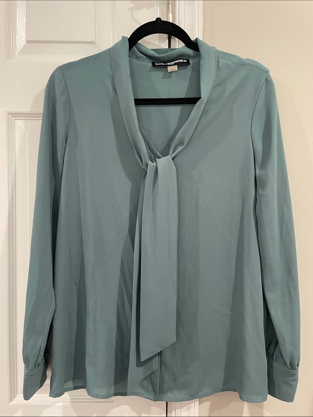 Karl Lagerfeld Women’s Dark teal Tie-Neck Long Sleeve Blouse Size Medium